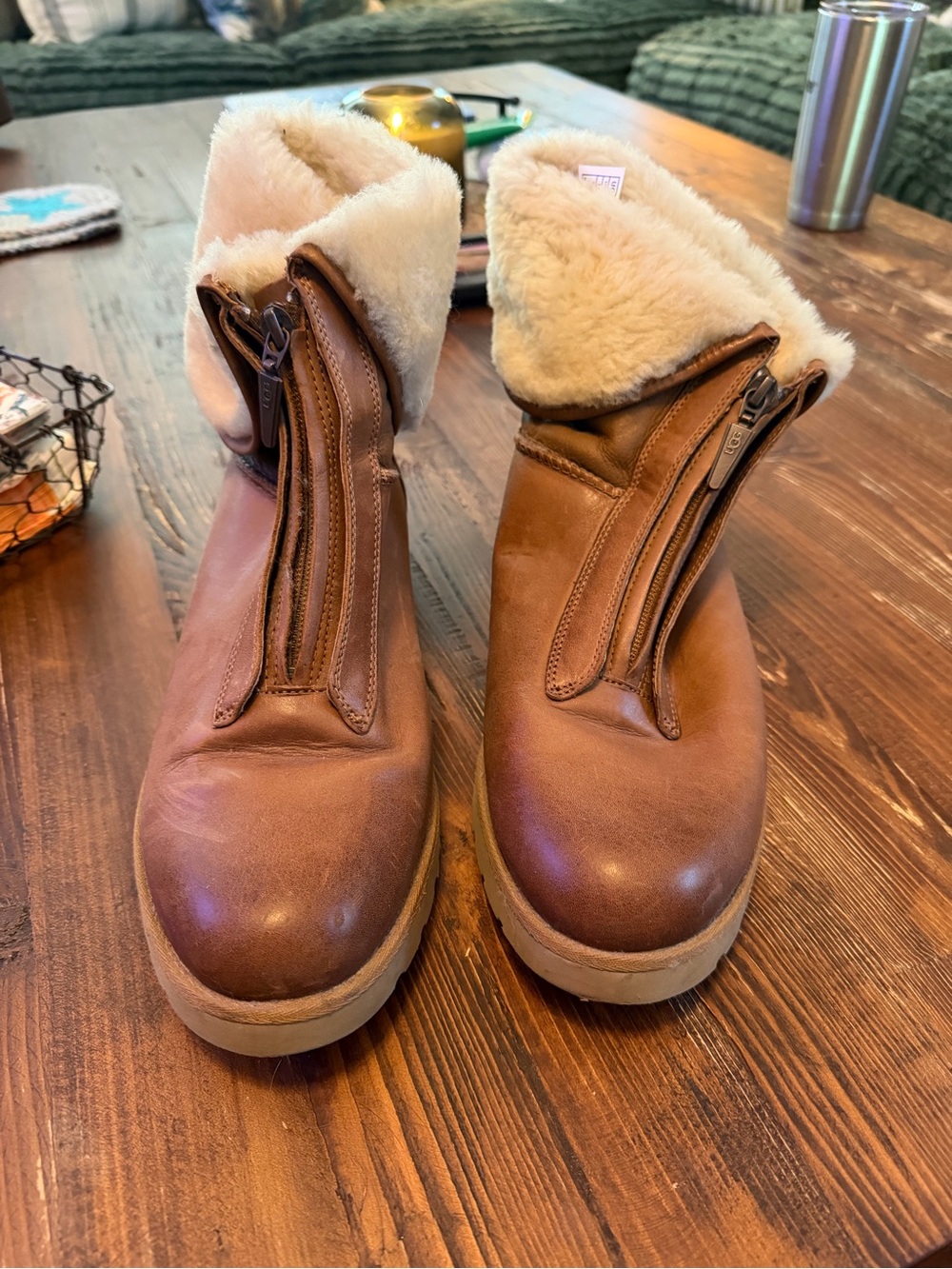UGG Women's Chestnut Brown Leather Shearling-Lined Zip Ankle Boots